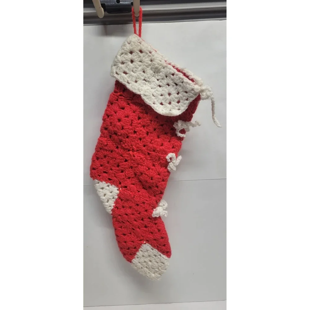 Vintage Handmade Crochet Christmas Stocking Red‎ White Bows Holiday Decor 14.5in